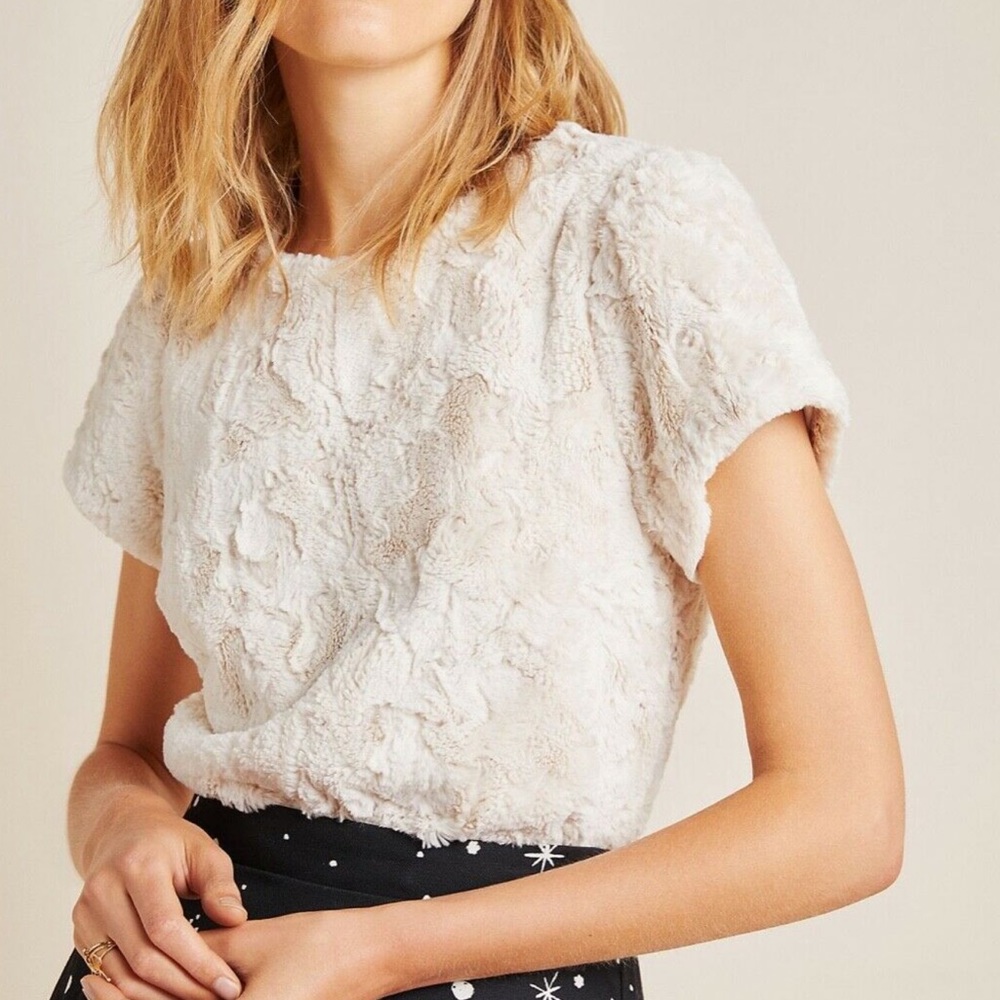 Anthropologie Womens Fluffy Short Sleeve Top Creme